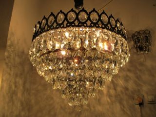 Antique Vnt French Plafonniere Crystal Chandelier Lamp Lustre 1940 
