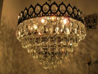 Antique Vnt French Plafonniere Crystal Chandelier Lamp Lustre 1940 ' s 19in Dmetr 2