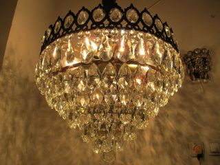 Antique Vnt French Plafonniere Crystal Chandelier Lamp Lustre 1940 ' s 19in Dmetr 6