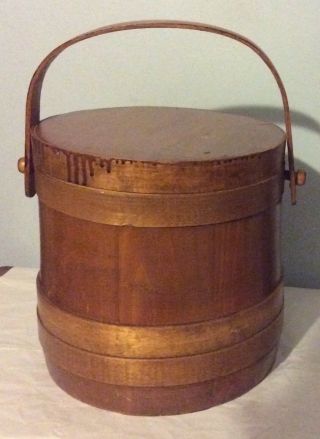 Antique - Vintage - Primitive Wood Firkin Sugar Bucket With Lid & Pegged Handle