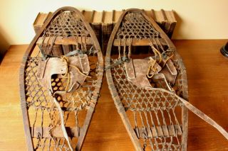 Antique / Vintage Wood & Rawhide,  Leather Snowshoes Snow Ski Chalet Home Decor 3