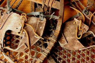 Antique / Vintage Wood & Rawhide,  Leather Snowshoes Snow Ski Chalet Home Decor 5