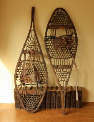 Antique / Vintage Wood & Rawhide,  Leather Snowshoes Snow Ski Chalet Home Decor 7