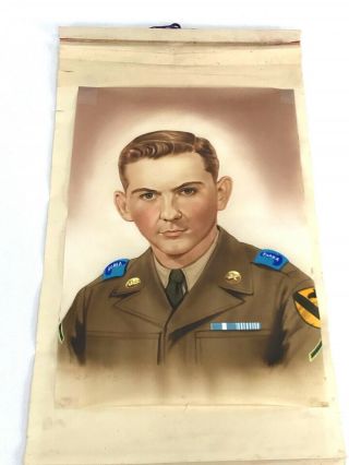 Vintage Us Army 1st Cavalry Soldier Hand Painted Silk Scroll Portrait