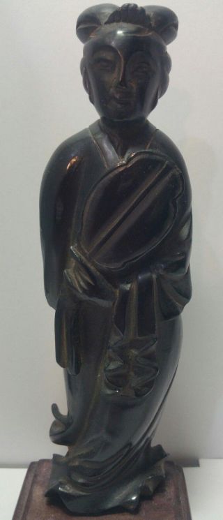 Chinese Cherry Amber Bakelite Faturan Concubine Lady With Fan Carving On Stand. 5