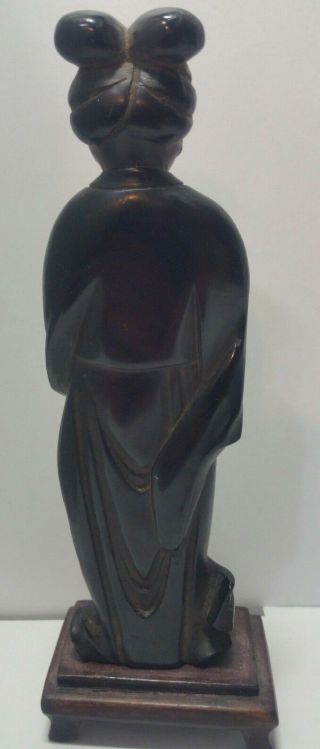 Chinese Cherry Amber Bakelite Faturan Concubine Lady With Fan Carving On Stand. 7