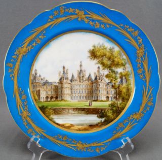 Sevres Style Celeste Blue Hand Painted Chateau De Chambord Plate 1860 - 1870s