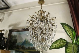 Antique Vnt French Big Cage Style Crystal Chandelier Lamp Lustre 1940 ' s 15in Dmt 12