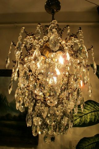 Antique Vnt French Big Cage Style Crystal Chandelier Lamp Lustre 1940 