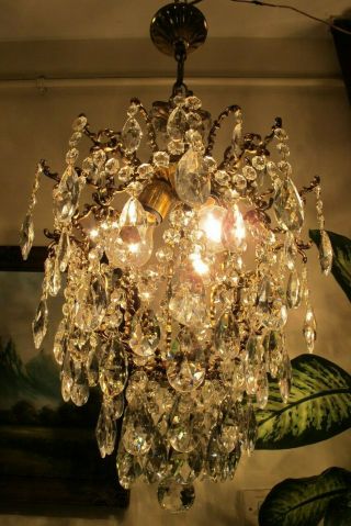 Antique Vnt French Big Cage Style Crystal Chandelier Lamp Lustre 1940 ' s 15in Dmt 2