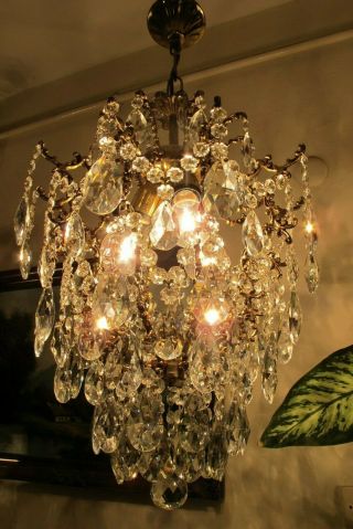 Antique Vnt French Big Cage Style Crystal Chandelier Lamp Lustre 1940 ' s 15in Dmt 4