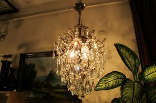 Antique Vnt French Big Cage Style Crystal Chandelier Lamp Lustre 1940 ' s 15in Dmt 7
