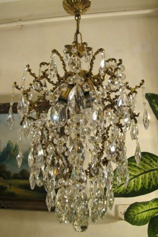 Antique Vnt French Big Cage Style Crystal Chandelier Lamp Lustre 1940 ' s 15in Dmt 8