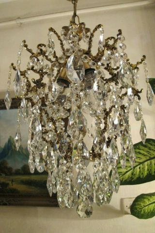 Antique Vnt French Big Cage Style Crystal Chandelier Lamp Lustre 1940 ' s 15in Dmt 9