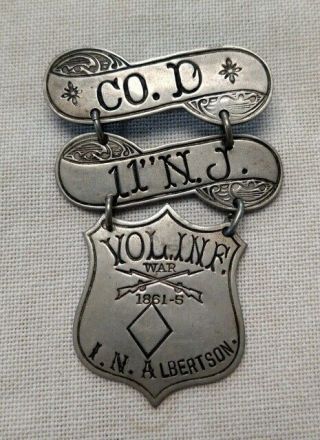 11th Jersey Co D Vol Inf Civil War Veterans Id Badge 3rd Corps I N Albertson