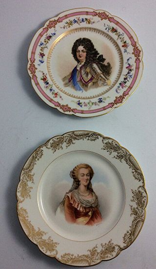Antique Sevres Style Porcelain Cabinet Plates Marie Antoinette & Louis Xiv