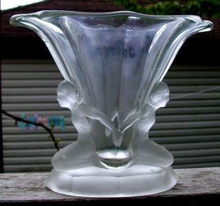 Czech Bohemian Walther & Sohne Art Deco Nude Lady Frosted Art Glass Vase C.  1930