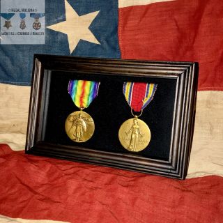 Ww1 - Ww2 U.  S.  Victory Medal Dark Brown Frame Set Back To Back World War Champs