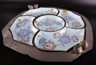 19th Century Chinese Enameled Metal & Pewter Sweet Meat Dishes Tray