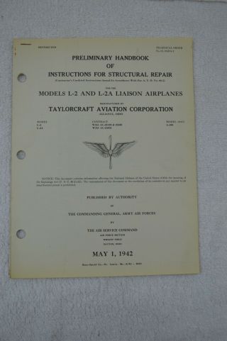 Technical Orders 1942 Instructions Structural Repair Army L - 2 And L - 2a Airplanes