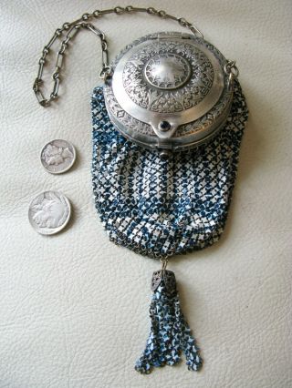 Antique Art Nouveau Deco Silver Frame Blue Jewel Compact Enamel Chain Mail Purse