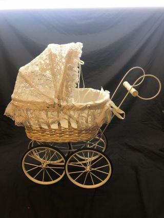 Vintage Wicker Baby Buggy Stroller Carriage Doll Antique White With Sheet Lining