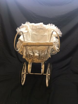 Vintage Wicker Baby Buggy Stroller Carriage Doll Antique White With Sheet Lining 5