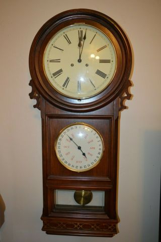 Vintage Ethan Allen German Double Dial Calendar Wall Clock Wood Case 8 Day Key