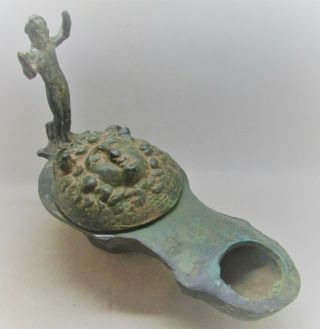Extremely Rare Ancient Roman Bronze Oil Lamp Face Of Medusa And Zues Statue