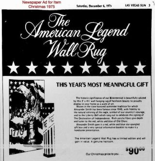 American Legend Bicentennial Wall Rug by Alexander Smith 1776 - 1976 2
