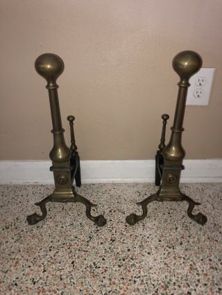 Pair Antique Virginia Metalcrafters Iron & Brass Ball Claw Fireplace Andirons