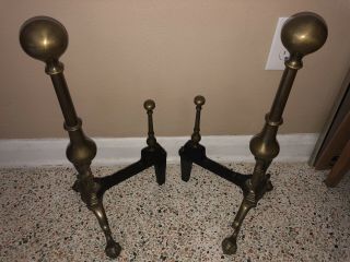 Pair Antique Virginia Metalcrafters Iron & Brass Ball Claw Fireplace Andirons 4