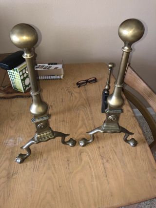 Pair Antique Virginia Metalcrafters Iron & Brass Ball Claw Fireplace Andirons 8
