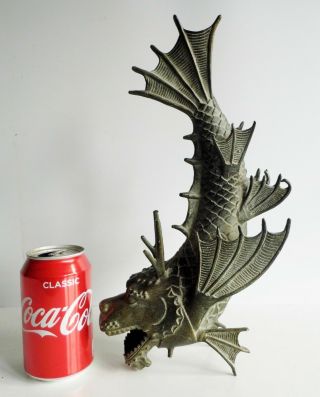 Magnificent Large Old Chinese Bronze Dragon Fish Statue - Seal Mark On Underside