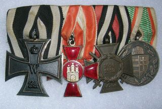Imperial German 4 Place Medal Bar with Iron Cross,  Hanseatic Cross 4
