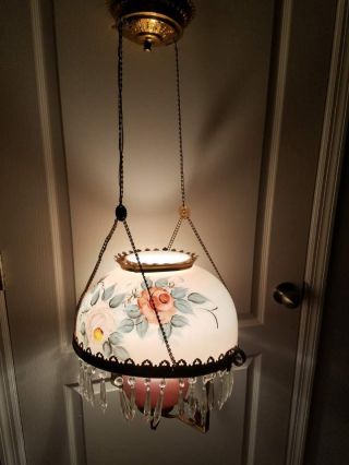 Antique Vintage Hanging Oil Parlor Lamp Signed Hand Painted Glass Shade 14x7.  5 "