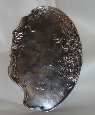 Art Nouveau Oval Pewter Card Tray Plate Jugendstil Circa 1900 475 Woman Mermaid