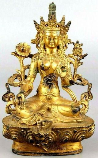 17th Century Ming Buddha Statue Gold Gilt Copper Buddha Figure Holding Lotus