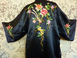 Chinese Black Silk Robe Vintage Embroidered