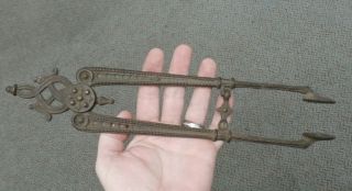 ANTIQUE VICTORIAN ORNATE CAST IRON EMBER TONGS - SPRING LOADED - 12.  5 