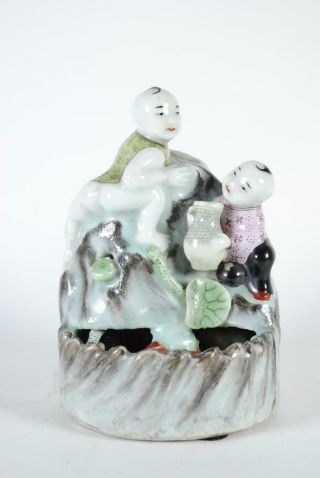 Antique Chinese Famille Rose Porcelain Figural Brush Wahser W Boys & Koi