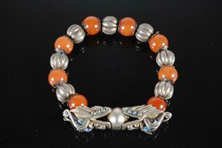 Antique Chinese Enameled Silver Bracelet W Agate And Silver Beads,  Mark