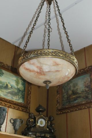 HEAVY LARGE FRENCH VINTAGE BRONZE ALABASTER LAMP CHANDELIER MEDIEVAL 2