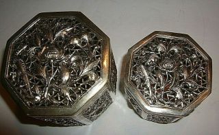 Antique Chinese Export Silver Pierced Repousse Trinket Boxes W/ Flowers & Birds
