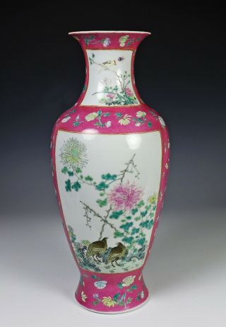 Large Old Chinese Republic Period Vase With Flowers And Birds On Pink Ground