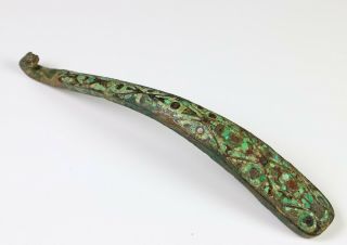 Large Antique Chinese Turquoise Silver Inlaid Bronze Belt Hook - Warring States