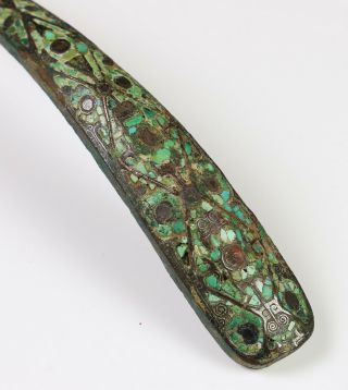 Large Antique Chinese Turquoise Silver Inlaid Bronze Belt Hook - Warring States 2