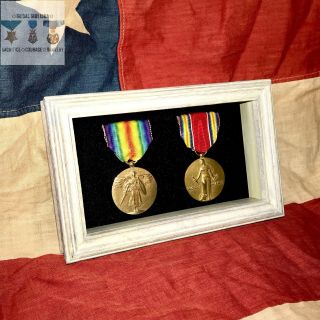 Wwi - Wwii U.  S.  Victory Medal White Frame Set Back To Back World War Champs