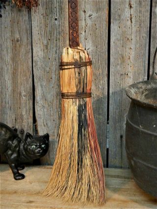 Antique Primitive Hearth Broom Witch Farmhouse Carved Handle 11