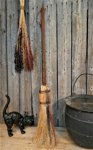Antique Primitive Hearth Broom Witch Farmhouse Carved Handle